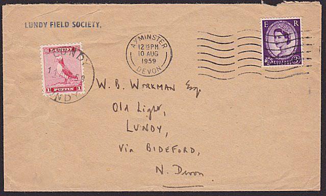 GB LUNDY 1959 inwards cover with 1p puffin added............................7327