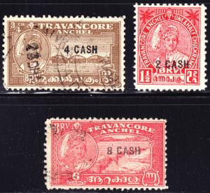 India Travancore Scott 45-47  complete set  F to VF used & mint.