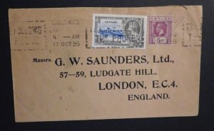 1935 Postal History Cover Colombo Ceylon Sri Lanka to London England