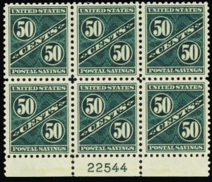 PS9, Mint NH 50¢ Plate Block of Six - Postal Savings CV $1200.00 * Stuart Katz