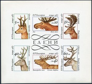 Bulgaria 3256-3261a sheet,MNH.Michel Bl.172. Deer,1987.