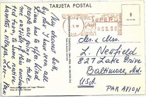 17489 - PERU - Postal History - Mechanical RED POSTMARK on POSTCARD to USA 1967-