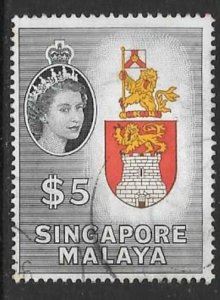 SINGAPORE SG52 1953 $5 YELLOW RED-BROWN AND SLATE BLACK USED