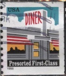 US 3208 (used, clipped at right) (25¢) diner (coil, large 1998)