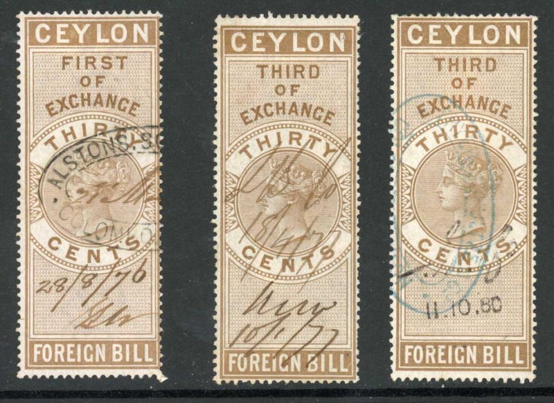 Ceylon Foreign Bill BF21 30c Brown 1st 2nd and 3rd Exchange