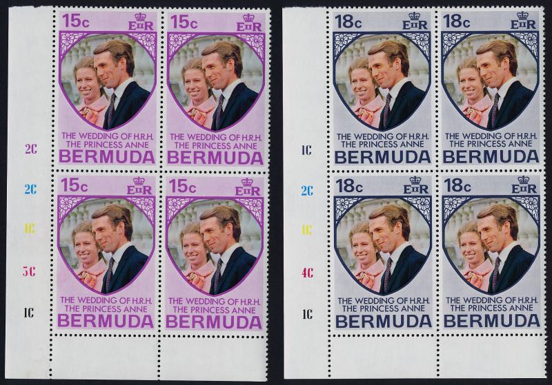 Bermuda 302-3 BL Blocks Plate 1C MNH Princess Anne, Mark Phillips, Wedding