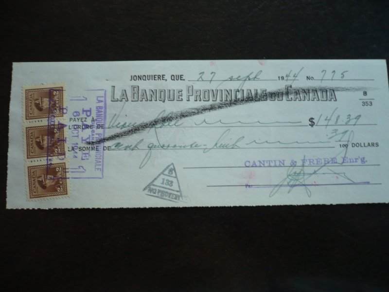 Canada - Revenue - KGVI War Issue Stamps on cheque dated 1944