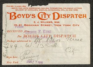 BOYD'S CITY DISPATCH NEW YORK CITY GEORGE F. KUNZ TO BARR FERREE LABEL 1915