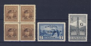 6x Canada Stamps #O250-2c Block of 4 #CO1-7c #O32-$1.00 G Guide Value= $38.00