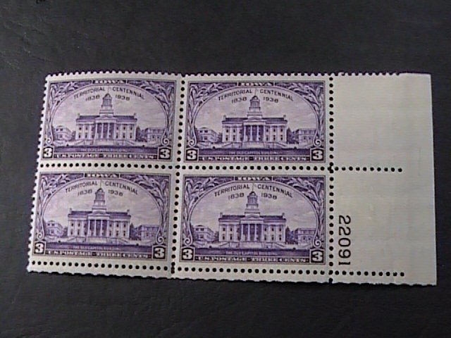 US # 838-MINT NEVER/HINGED---LR--PLATE # BLOCK OF 4(#22091)---OLD CAPITOL--1938