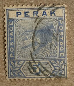 Perak 1892 5c Leaping Tiger, used. Scott 45, CV $8.00. SG 64