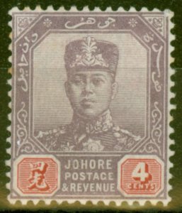 Johore 1912 4c Dull Purple & Carmine SG81 Fine Mtd Mint