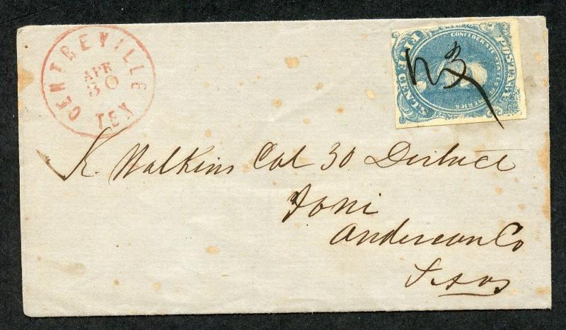 CONFEDERATE CENTREVILLE, TX 4/30/1862 COMPLETE FOLDED LETTER TO IONI, TX SHOWN