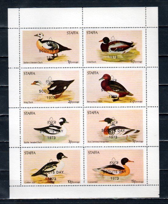 Staffa Scotland Local. 1973 issue. Bird sheet of 8 o/printed Scouts Day. ^