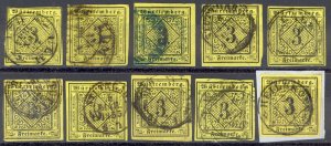 Germany Wurttemberg Sc# 2 Used Lot/10 1851-1852 3kr Numeral