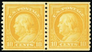 497, Mint 10¢ VF NH Coil Line Pair Cat $260.00 - Stuart Katz