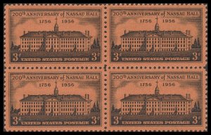 US 1083 200th Annv of Nassau Hall 3c block 4 MNH 1956