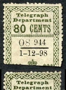 Ceylon Telegraph SGT138 80c Olive Variety BLOT on N of CENTS 1 Dec 1898