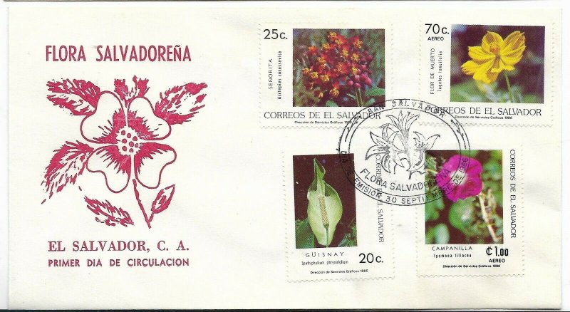 EL SALVADOR  1986 FLOWERS, FLORA FROM SALVADOR, SET ON FIRST DAY COVER  FDC