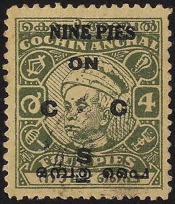 Cochin SGO104c 9p on 4p Green Official C for G in overprint Cat 32 pounds 