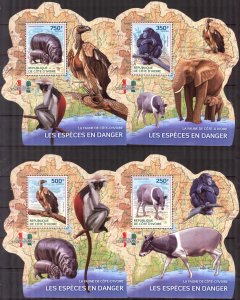 Ivory Coast 2014 Endangered Fauna Birds Monkeys Elephants Hippopotamus 4 S/S MNH