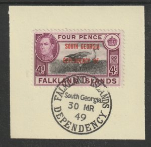 FALKLAND DEPS - SOUTH GEORGIA 1944  4d on piece with MADAME JOSEPH  POSTMARK