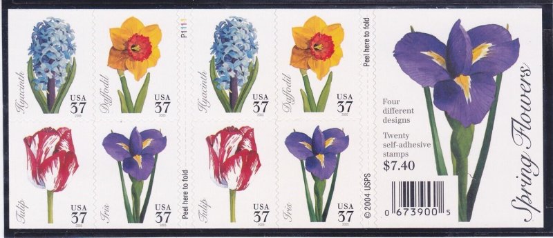 US 3903b MNH 2005 37¢ Spring Flowers Full Booklet of 20 Plate #P1111