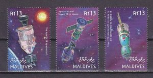 Maldives, Scott cat. 2459 a-c. Apollo-Soyuz, 25th Anniversary values.