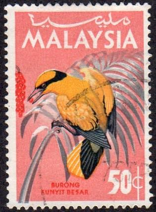 Malaysia 22 - Used - 50c Blacknaped Oriole (1965) (cv $0.30) (2)