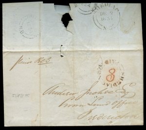 ? SHEDIAC, N. B. PAID with 3 m/s to Fredericton 1854 cover Canada