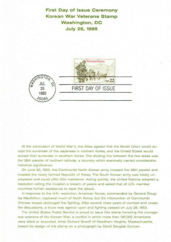 USPS First Day Ceremony Program 2152 Korean War Veterans 1985