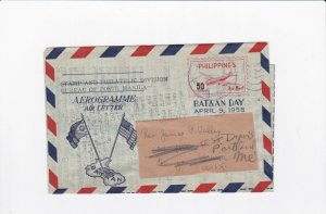 KAPPYSTAMPS PHILIPPINES BATAAN DAY APRIL 9, 1958 AEROGRAMME TO USA  DV66