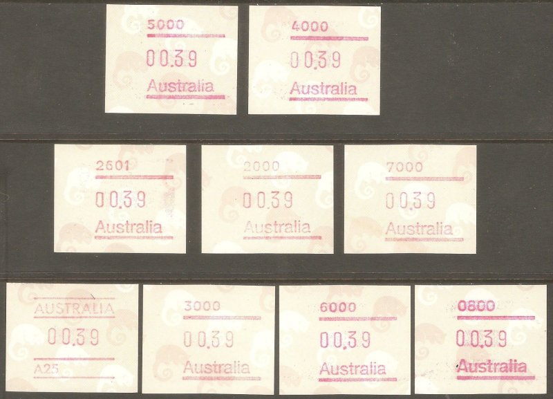 AUSTRALIA 1988 Issue MNH FVF Set of 9 x Computer Vend Possum