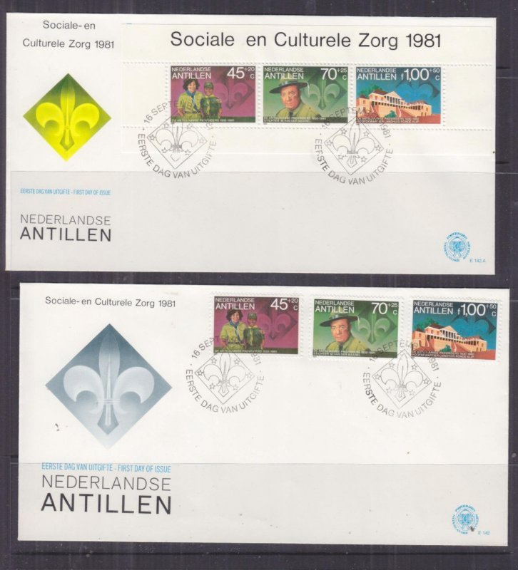 NETHERLANDS ANTILLES, 1981 Boy Scouts set 3 & Souvenir Sheet First Day covers 