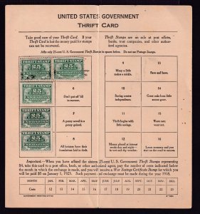 1917 War Savings Stamps 25c value Sc WS1 multiple stamps mounted on card