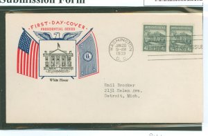 US 844 1939 4.5c White House (presidential/prexy series) coil pair on an addressed first day cover with a Fidelity cachet.