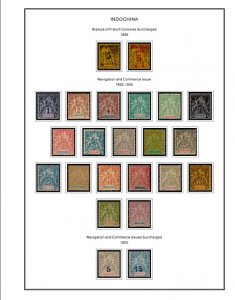 COLOR PRINTED INDOCHINA 1889-1949 STAMP ALBUM PAGES (35 illustrated pages)