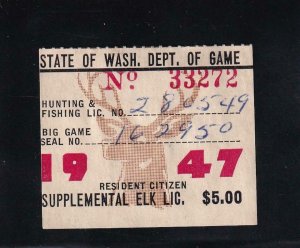 1947 WA State: Resident Supplement Elk Stamp, Wooten #1 (43604) 