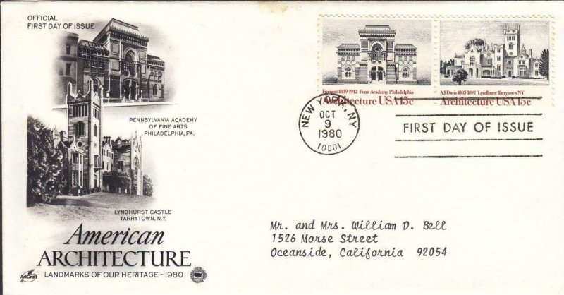 1980, 15c American Architecture, Artcraft/PCS, FDC (E8271)