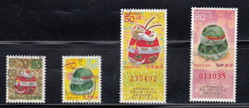 Japan 2012 Sc#3488-3491 New Year's Greetings 2013 - Year of the Snake Used