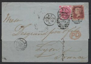 UK GB 1871 TO FRANCE SG 103 PLATE 4 & 43 TIED LONDON TO LYON TRANSIT