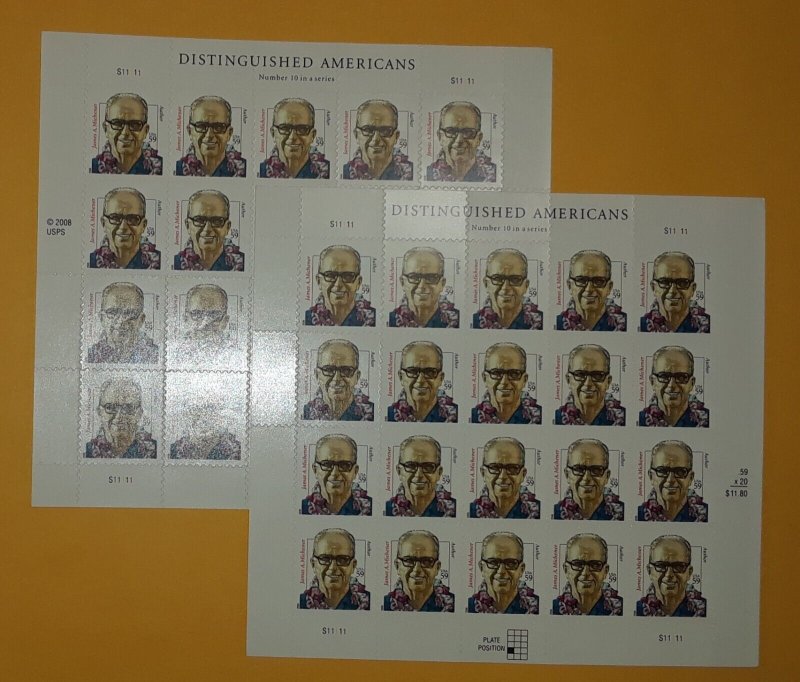 Two x 20 Author JAMES A MICHENER Distinguished Americans 59¢ US Stamps. Sc 3427a 