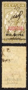 Ceylon BF58 1R on 2c Greenish-brown Opt Judicial