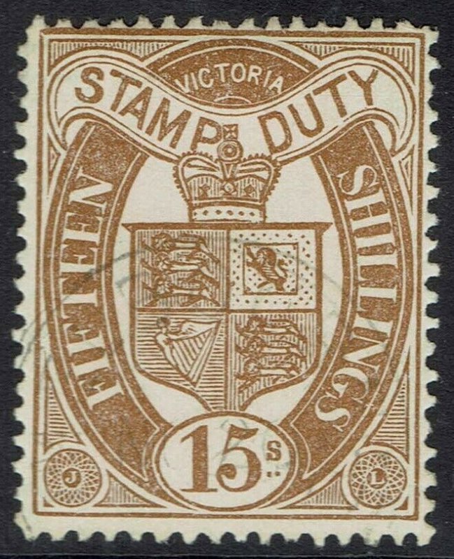 VICTORIA 1884 STAMP DUTY 15/- WMK V/CROWN UPRIGHT SG W33 USED/CTO