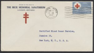 1952 Beck Memorial Sanitorium London ONT Cover Tuberculosis #317 Red Cross Stamp