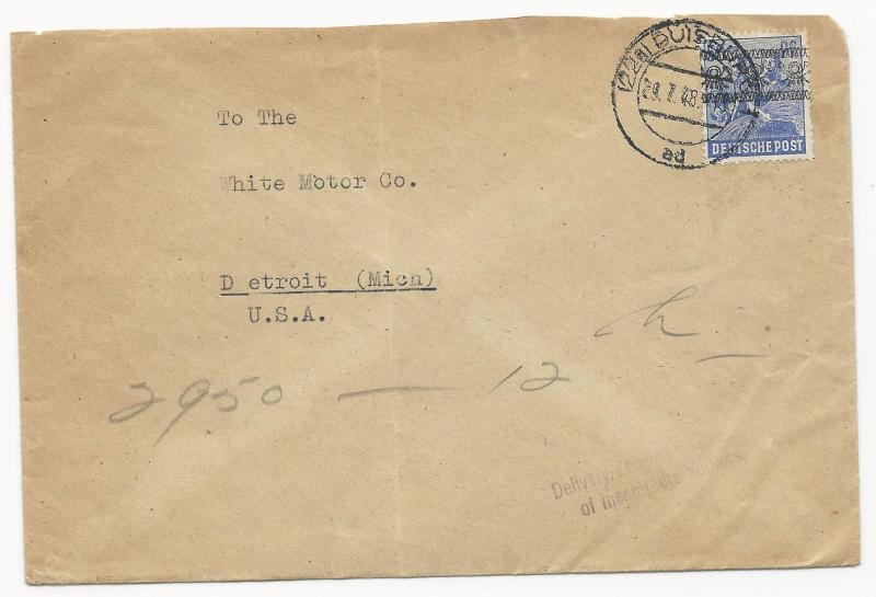 Germany Mi #48Ia Tied on Cover Aux Markingd Delivery Delayed 1948