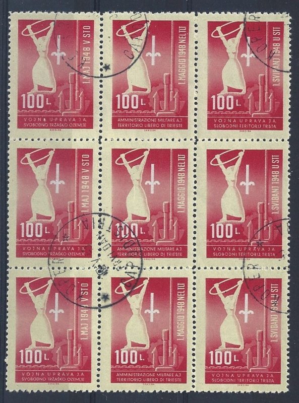 1948 TRIESTE B, May 1st, n . 1/3, block of 9 used (three sets)