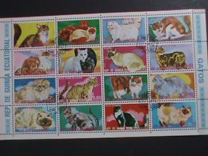 EQUATORIAL GUINEA -1974  16 DIFFERENT LOVELY COLORFUL CATS CTO SHEET- VERY FINE