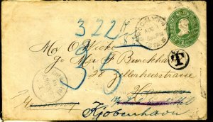 UNITED STATES 1c EMBOSSED ENVELOPE 1898 POSTAGE DUE BROOKLYN TO GERMANY