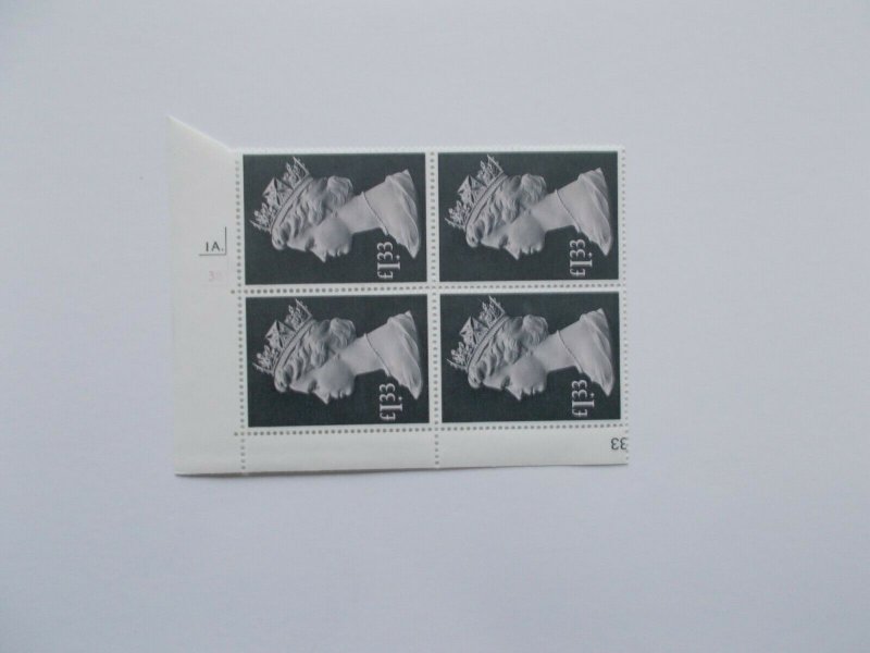 1977 £1.33 Machin High Value in Cylinder Block of 4 (Cyl 1A3B dot) APS Perf U/M